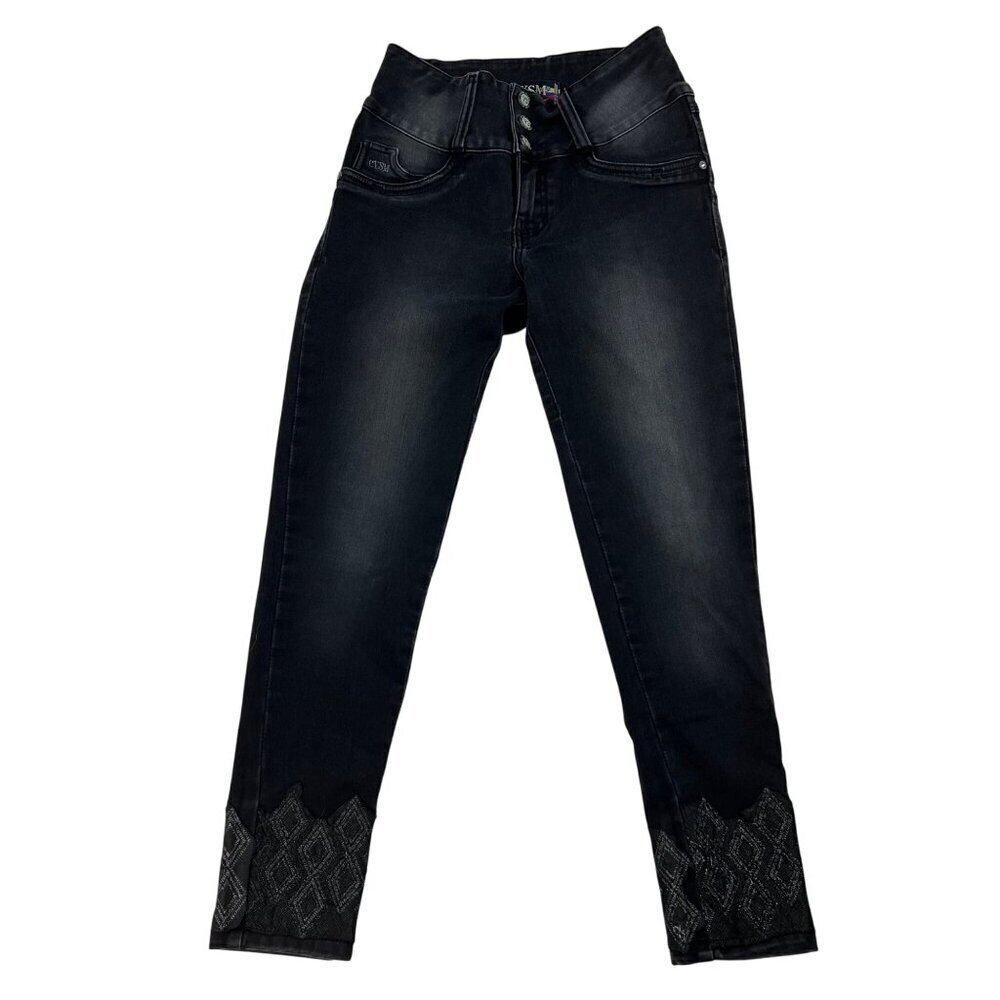 CYSM Push Up Ankle Jeans Embellished Cuff Mid Rise Faded Black Size 5